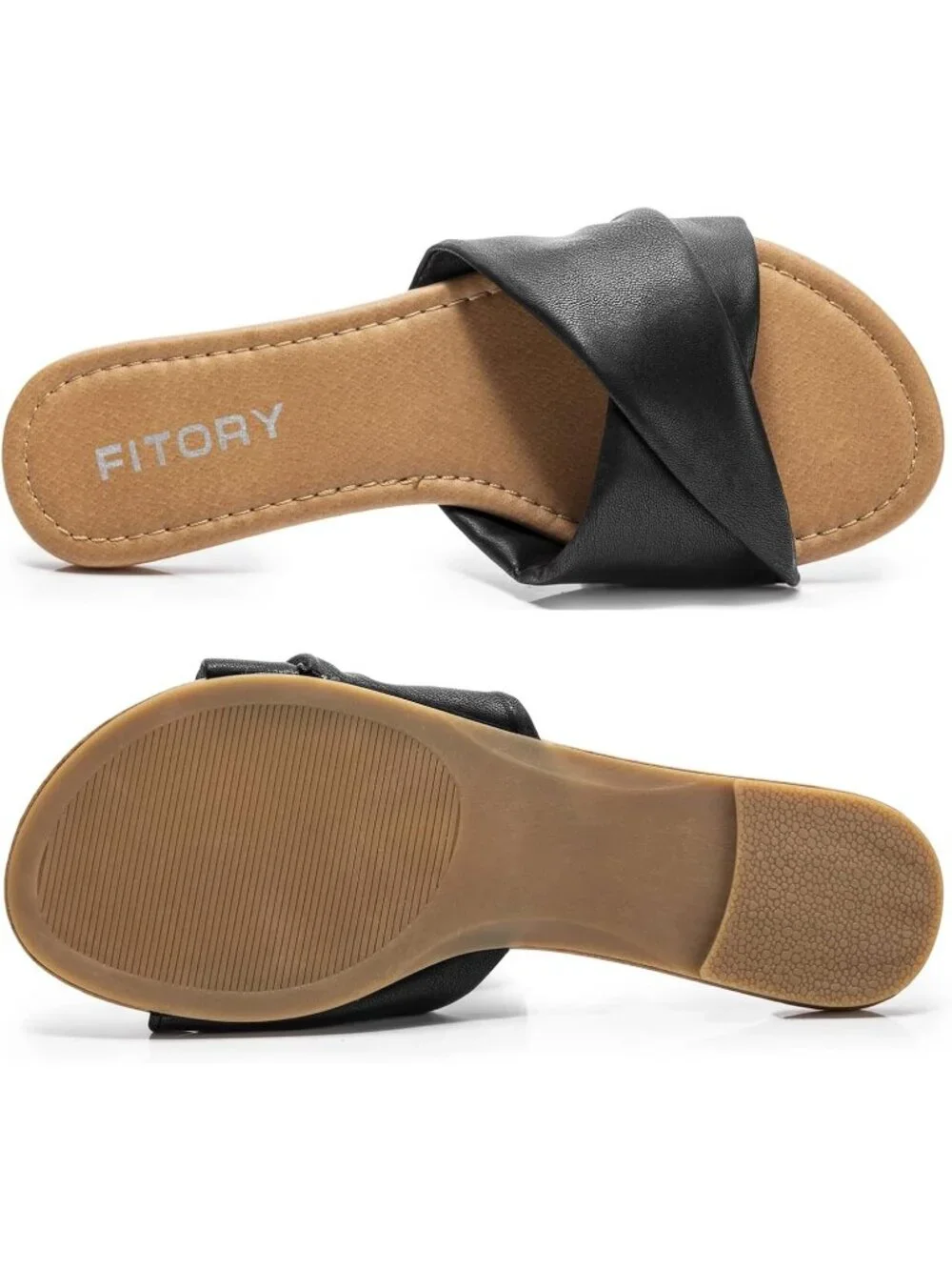 Women's Black Flat Sandals Fashion Slides With Soft Leather Slippers for Summer